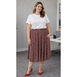 Leopard Print Pleated Midi Skirt Pink Black Elastic Waist Pockets XL